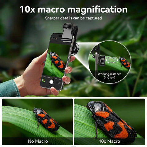 Smartphone Macro Lens With Five Element Glass Coated Optics For Ultra Sharp Close Ups On iPhone Samsung Galaxy OnePlus And Android Phones Easy Clip On Attachment Fits Almost Any Phone, showcasing 10x macro magnification on insect.