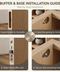 Installation steps for Soft Close Drop Down Vanity Hinge With Quick Release, showing slot, opening, buffer unit, and mounting base.