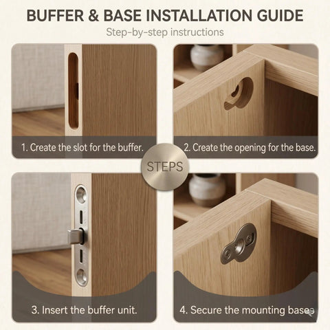 Installation steps for Soft Close Drop Down Vanity Hinge With Quick Release, showing slot, opening, buffer unit, and mounting base.