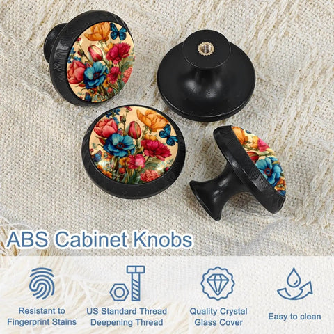 Colorful Flower And Butterfly Crystal Glass Cabinet Knobs Set Of 4 showing detailed floral and butterfly design on fabric background