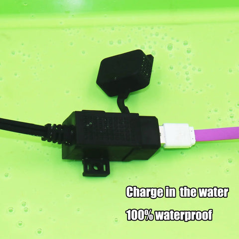 Waterproof Go-To Motorcycle Dual USB Charger Kit submerged in water showing waterproof feature