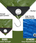 Close-up of 8 Pack Camping Tarps 6x8 Ft Waterproof 5.5 Mil Heavy Duty ground cover corner with reinforced grommet, army green.
