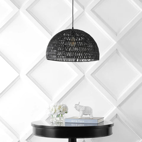 20 Inch Black Modern Bohemian Woven Rope LED Pendant Light Fixture With Adjustable Dome Ceiling Lamp For Kitchen Island Rope Shade