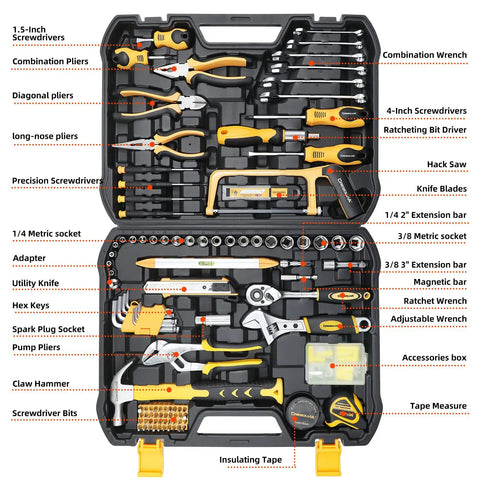 Ultimate 199 Piece Home And Auto Tool Kit Set For DIYers Homeowners And Handymen With screwdrivers pliers and wrenches in case
