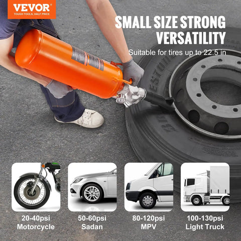 Person using All Purpose Tire Seater And Inflator Tool 8 L Portable Air Blaster With 120 PSI Max for quick tire inflation on truck