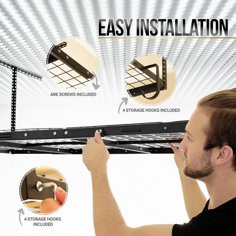 Person installing Overhead Garage Shelving Storage Rack Adjustable 3 ft by 6 ft Ceiling Organizer Shelf with hooks and screws visible