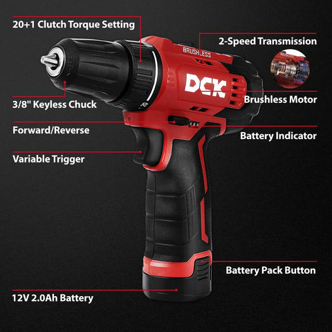Brushless Cordless Drill Kit With 12V Max Power, 310 In Lbs Torque, 2.0Ah Battery, 3/8 Inch Keyless Chuck, Dual Speed, 20 Plus 1 Clutch Settings