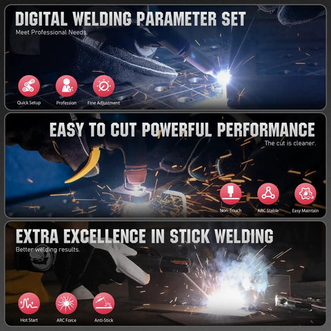 Three panels showing features of the Five In One Tig Welder And Plasma Cutter All Purpose Welding Machine, including digital welding setup.