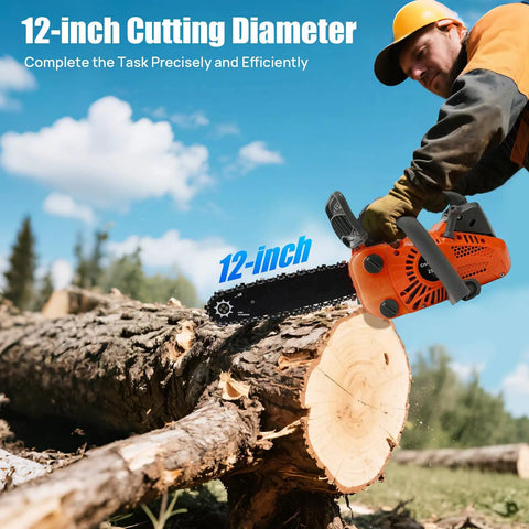Professional using 12 Inch Top Handle Gas Chainsaw With Quick Start 25.4cc 2 Stroke Petrol Power for tree cutting on log outdoors