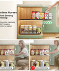 Heavy Duty Stainless Steel Pull Out Cabinet Organizer Two Pack With Slick Full Extension Slide Out Design And No Sweat Spice Rack for easy kitchen access.