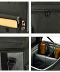 Legit Insulated Charcoal Picnic Basket Cooler Tote with a hardwood cheese board, premium knives, and corkscrew for outdoor use.