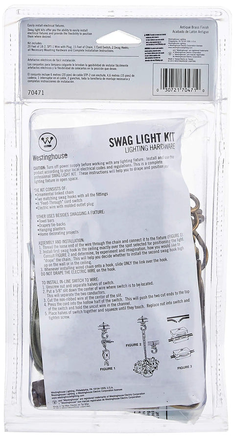 Package of Antique Brass 15-Foot Swag Light Kit With Chain And Inline Switch, 20-Foot Cord, Hooks Included, Durable Ceiling Pendant Lighting