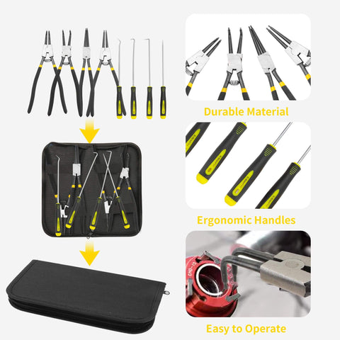 8 Pc Extra Long Snap Ring Pliers And Hook Tool Set, 13 Inch Heavy Duty Internal And External C Clip Pliers in case