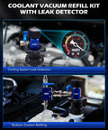 No Drama Coolant Vacuum Refill Kit With Dual Movement Gauge For Quick Radiator Fill And Snappy Engine Maintenance That Keeps Your Daily Driver Running Smooth On Long Highway Trips showing leak detection and coolant refilling setup.