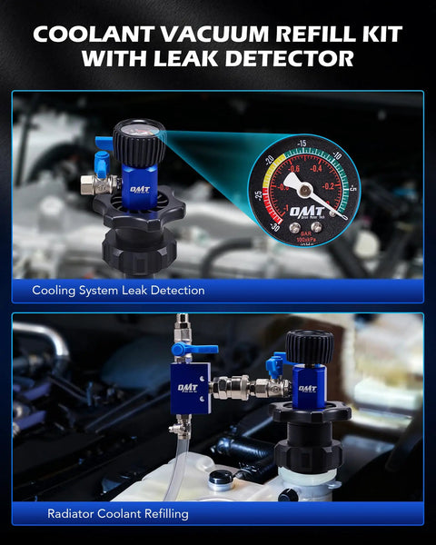No Drama Coolant Vacuum Refill Kit With Dual Movement Gauge For Quick Radiator Fill And Snappy Engine Maintenance That Keeps Your Daily Driver Running Smooth On Long Highway Trips showing leak detection and coolant refilling setup.