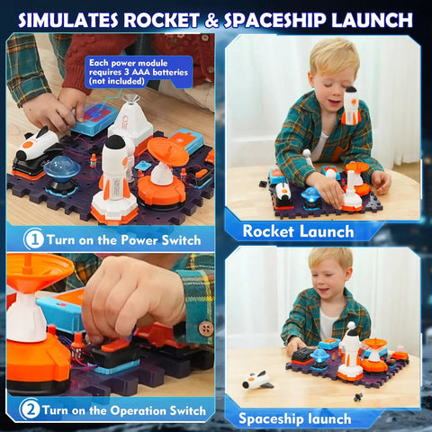 Child playing with Space Science Circuit Kit For Kids, 31 Piece Electronics STEM Set With More Than 100 Projects, Rocket Launcher
