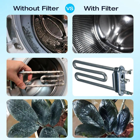 Comparison of washing machine drum, heater coil, and plant leaves with and without inline anti-scale water filter for washing machines.
