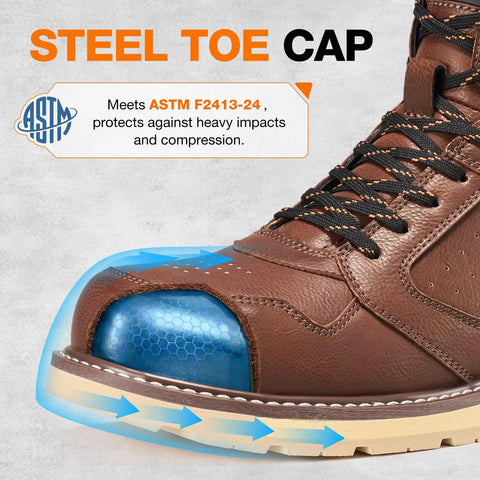 Close-up of Men's Steel Toe Work Boots With Side Zipper, water resistant and slip resistant safety shoes showcasing steel toe cap