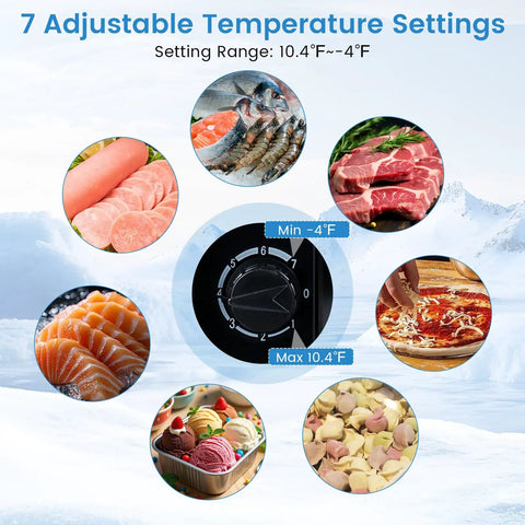 7 adjustable temperature settings for Compact 2.1 Cu Ft Upright Freezer With Reversible Door And Adjustable Thermostat For Dorms And Apartments.