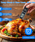 Digital meat thermometer checking temperature of roasted chicken, part of Three In One Cordless Electric Knife Sharpener With Digital Meat Thermometer And Timer.