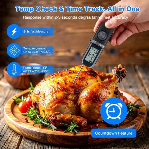 Digital meat thermometer checking temperature of roasted chicken, part of Three In One Cordless Electric Knife Sharpener With Digital Meat Thermometer And Timer.