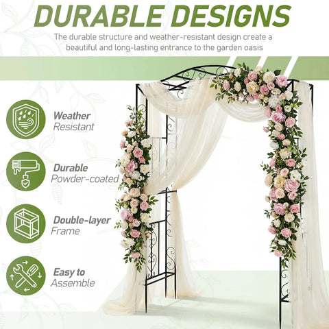 Metal Garden Arch Trellis For Climbing Plants, Durable Iron Garden Arbor with floral decorations and fabric drapes