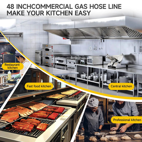 Three Quarter Inch Gas Hose 48 Inch Long Safety System Kit For Commercial Kitchens in various kitchen setups