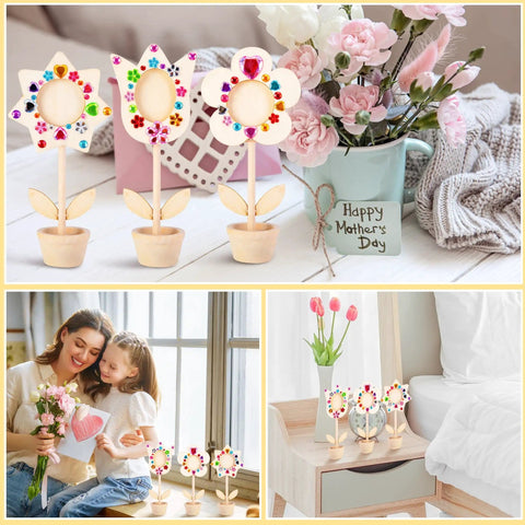 DIY Paintable Wooden Flower Photo Holders And Picture Frames Craft Kit With 28 Unfinished Flower Ornaments displayed for decor