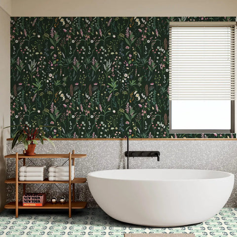 Bathroom with Floral Peel And Stick Vinyl Wallpaper For Kitchen Cabinets And Furniture, covering wall behind white bathtub.