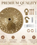 Vintage Brass Chandelier Canopy Kit With Heavy Duty Mounting Plate For 5.51 Inch Ceiling Cover, Supports Up To 55 Lbs, Open And Closed Hooks, DIY Ready Mounting Hardware For Farmhouse Industrial Traditional Lighting Built To Last brass canopy kit with mounting plate, hooks, screws, and anchors