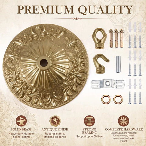 Vintage Brass Chandelier Canopy Kit With Heavy Duty Mounting Plate For 5.51 Inch Ceiling Cover, Supports Up To 55 Lbs, Open And Closed Hooks, DIY Ready Mounting Hardware For Farmhouse Industrial Traditional Lighting Built To Last brass canopy kit with mounting plate, hooks, screws, and anchors