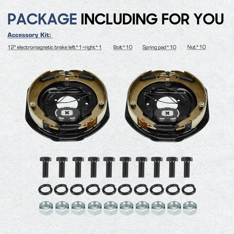Heavy Duty Trailer Electric Brakes 12 By 2 Inch Brake Assembly Set For 5200 To 7000 Lb Axles, left and right pairs with hardware.