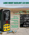 Pro Grade Laser Distance Meter With 197 Ft Range And LCD Backlit Display, One Sixteenth Inch Precision, DIY Friendly, Multi Unit Modes In Feet Inches Meters, 20 Data Storage, Pythagorean Distance Area And Volume. Black handheld laser meter with AAA batteries and screen