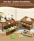 Wood Tea Bag Organizer With Gift Box Double Drawer Tea Box showing open drawers with tea bags and a teapot on top