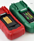 Back view of red and green Auto Range Digital Multimeter with NCV, Backlit LCD, open battery compartments, model TP8268.