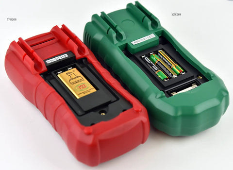 Back view of red and green Auto Range Digital Multimeter with NCV, Backlit LCD, open battery compartments, model TP8268.