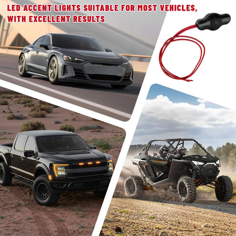 Waterproof Push Button Switch With Quick Connector for 12V LED Accent Lighting Kit, shown with cars and ATV.