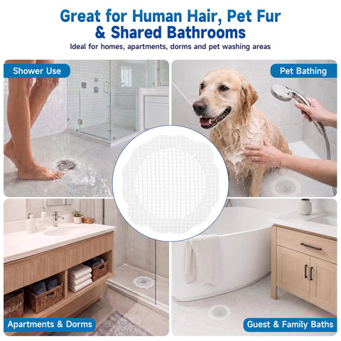 Super Slick Disposable Shower Drain Hair Catchers, 40 Pack Flower Mesh Grates used in various bathroom settings.