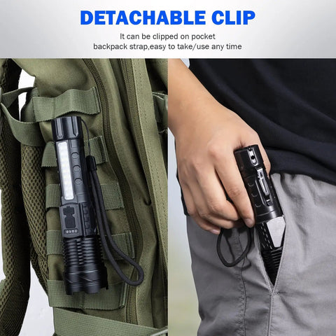 90000 Lumen Rechargeable LED Flashlight 2 Pack clipped to backpack and pocket, detachable clip, Beast Bright Handheld Torch.