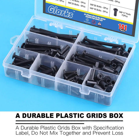 M6 Hex Socket Cap Bolts Kit With 16 To 80mm Sizes 141Pcs Black Countersunk Furniture Hardware Set in plastic box