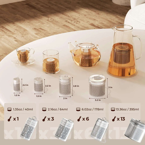 Ultra Fine Mesh Tea Infuser Strainer For Loose Leaf Tea No Fuss 304 Stainless Steel With Slim Threaded Lid displayed on table