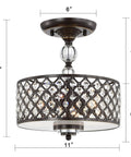 Oil Rubbed Bronze Crystal Chandelier Flush Mount Three Light Fixture For Bathrooms And Small Rooms, dimensions visible