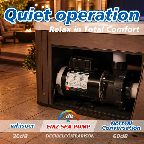 Heavy Duty 4HP Single Speed Spa Pump 220 240V Hot Tub Motor 214 GPM, shown in a spa cabinet, highlighting quiet operation.