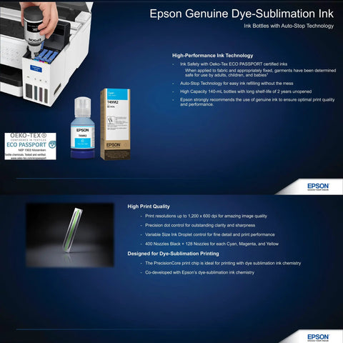 Epson SureColor F170 Dye Sublimation Printer setup with OEKO-TEX certified genuine ink bottles displayed on a table.