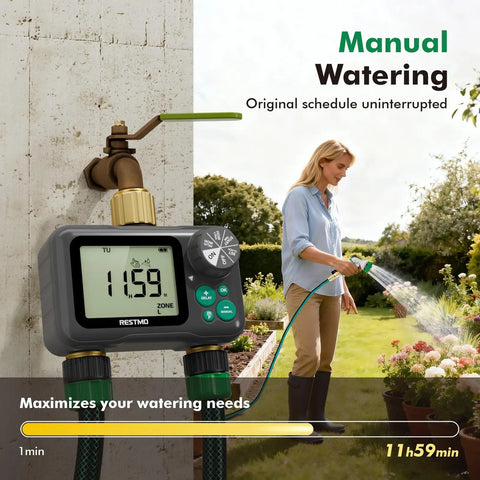 Remote Control Brass Sprinkler Timer For Outdoor Hose Faucet Two Zone System With Up To 11h59m Run Time in garden setting
