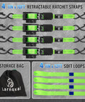 Heavy Duty Ratchet Straps One Inch By 10 Feet Four Pack Green 1500 Lb with hooks, shown flat against a gray background.
