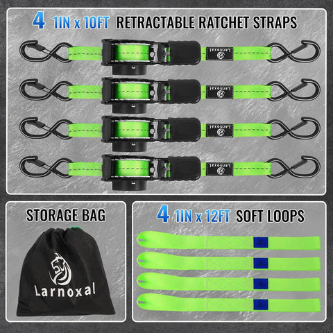 Heavy Duty Ratchet Straps One Inch By 10 Feet Four Pack Green 1500 Lb with hooks, shown flat against a gray background.