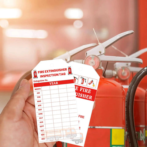 Hand holding 100 Pcs Monthly Fire Extinguisher Inspection Tags With Clear Readable Records near fire extinguisher