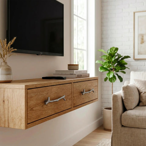 Living room with wooden cabinet featuring 10 Pack Zinc Alloy Twig Branch Cabinet Knob Set In Silver Decorative Pull Handles For Cabinets