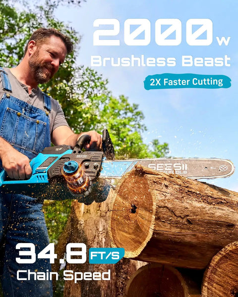 Man using 40V 16 Inch Cordless Chainsaw With Brushless Motor Two 4Ah Batteries And Charger Tool Free Chain Tension Auto Oiling